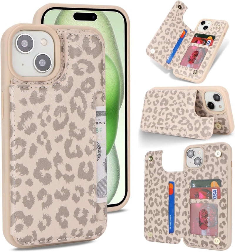 iCoverCase Compatible with iPhone 15 Wallet Phone Case with Card Holder for Women Men, [RFID Blocking] Card Slots PU Leather Protective Wallet Case 6.1 Inch (Beige Leopard) - Image 1